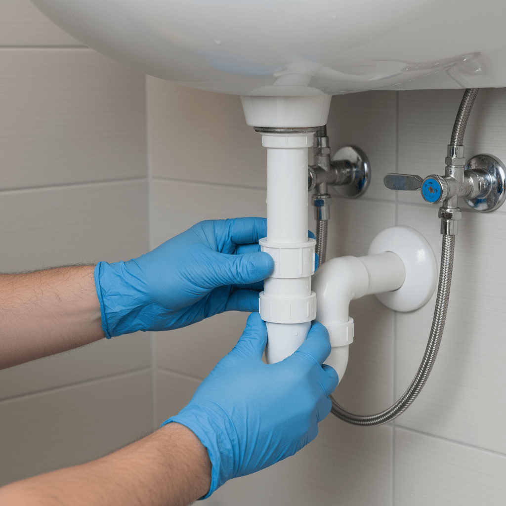 Fachmann repariert Siphon unter Waschbecken